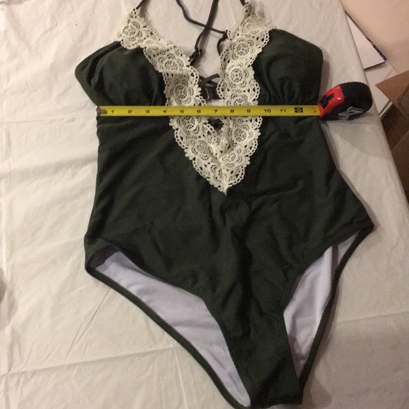 RESTOCKING! Olive One Piece Swimsuit V Neck W/Lace - Picture 8 of 8